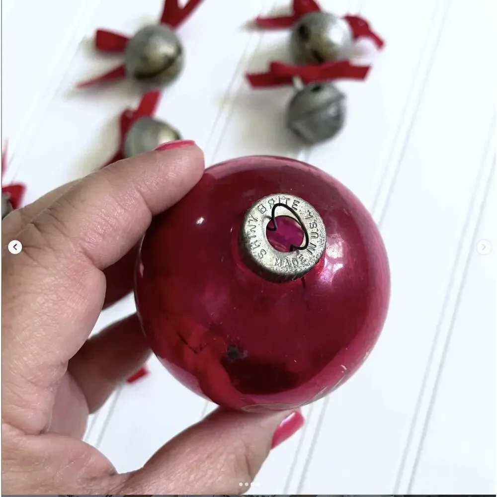 Vintage Merry Christmas Shiny Brite Stencil Ornament PINK Glass Ball Scroll
